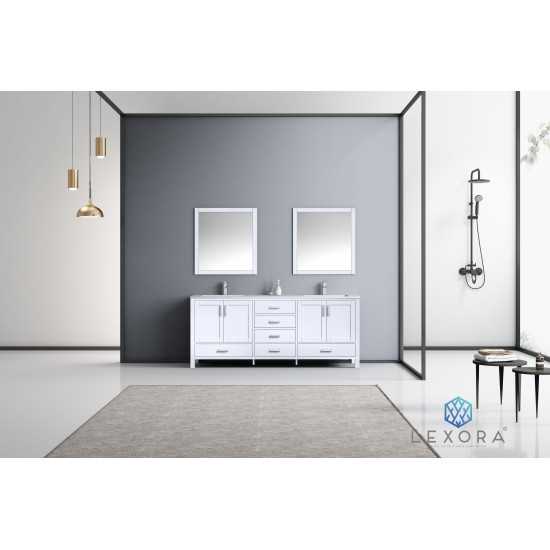 Jacques 80" White Double Vanity, White Carrara Marble Top, White Square Sinks and 30" Mirrors