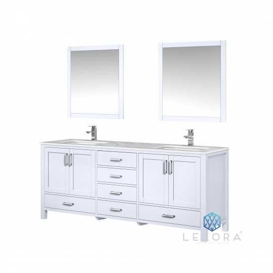 Jacques 80" White Double Vanity, White Carrara Marble Top, White Square Sinks and 30" Mirrors