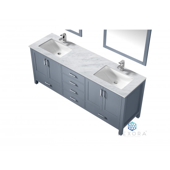 Jacques 80" Dark Grey Double Vanity, White Carrara Marble Top, White Square Sinks and 30" Mirrors