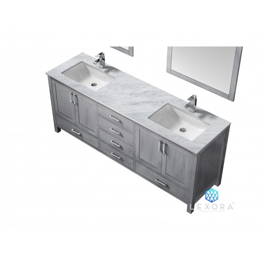 Jacques 80" Distressed Grey Double Vanity, White Carrara Marble Top, White Square Sinks and 30" Mirrors w/ Faucets