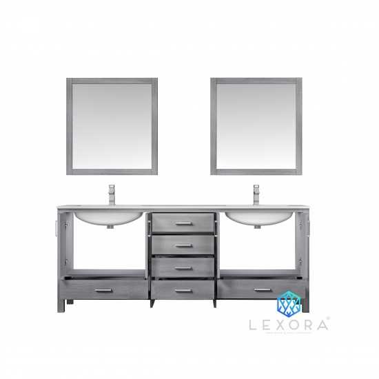 Jacques 80" Distressed Grey Double Vanity, White Carrara Marble Top, White Square Sinks and 30" Mirrors w/ Faucets