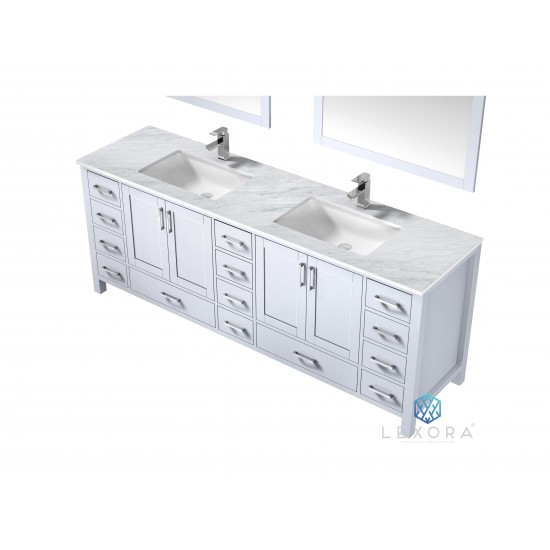 Jacques 84" White Double Vanity, White Carrara Marble Top, White Square Sinks and 34" Mirrors