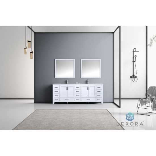 Jacques 84" White Double Vanity, White Carrara Marble Top, White Square Sinks and 34" Mirrors