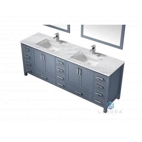 Jacques 84" Dark Grey Double Vanity, White Carrara Marble Top, White Square Sinks and 34" Mirrors