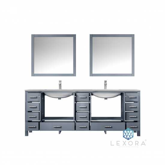 Jacques 84" Dark Grey Double Vanity, White Carrara Marble Top, White Square Sinks and 34" Mirrors