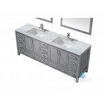 Jacques 84" Distressed Grey Double Vanity, White Carrara Marble Top, White Square Sinks and 34" Mirrors