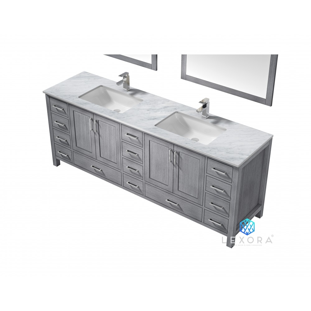 Jacques 84" Distressed Grey Double Vanity, White Carrara Marble Top, White Square Sinks and 34" Mirrors