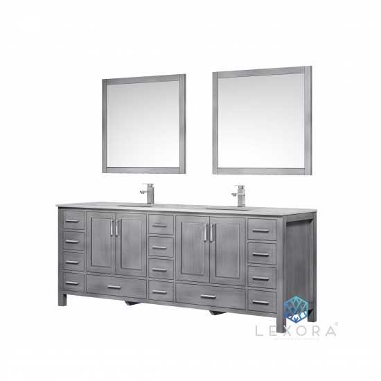 Jacques 84" Distressed Grey Double Vanity, White Carrara Marble Top, White Square Sinks and 34" Mirrors