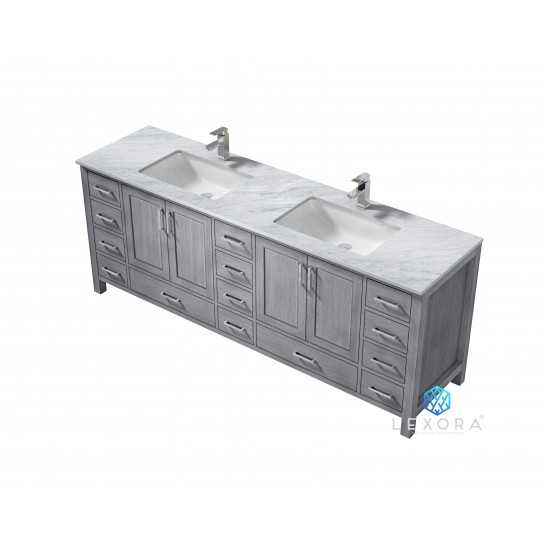 Jacques 84" Distressed Grey Double Vanity, White Carrara Marble Top, White Square Sinks and no Mirror