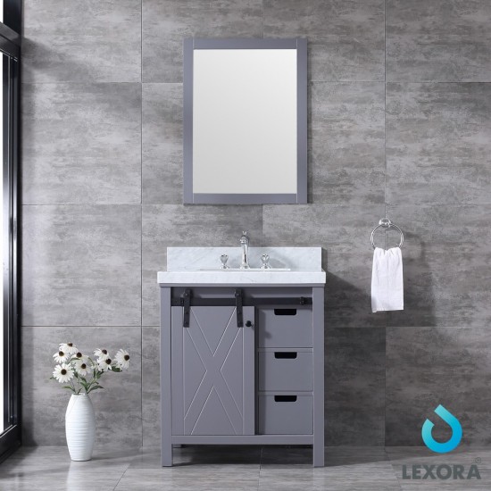 Marsyas 30" Dark Grey Single Vanity, White Carrara Marble Top, White Square Sink and 28" Mirror