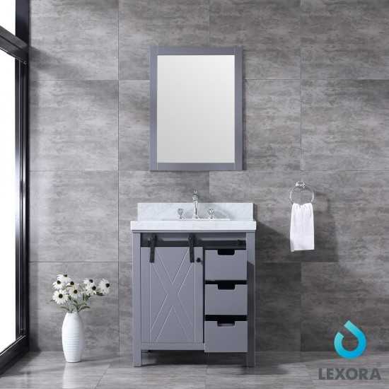 Marsyas 30" Dark Grey Single Vanity, White Carrara Marble Top, White Square Sink and 28" Mirror