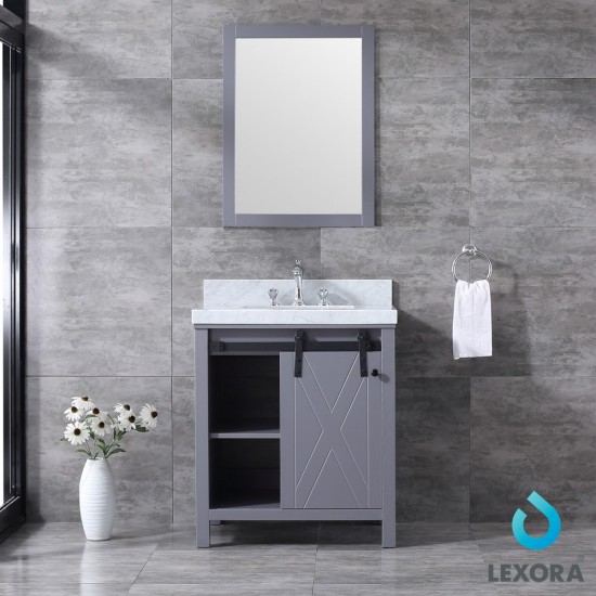 Marsyas 30" Dark Grey Single Vanity, White Carrara Marble Top, White Square Sink and 28" Mirror