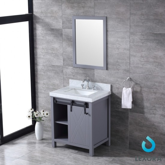 Marsyas 30" Dark Grey Single Vanity, White Carrara Marble Top, White Square Sink and 28" Mirror