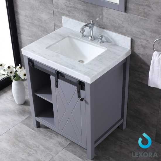 Marsyas 30" Dark Grey Single Vanity, White Carrara Marble Top, White Square Sink and 28" Mirror