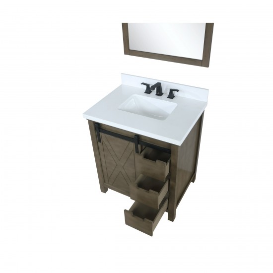 Marsyas 30" Rustic Brown Single Vanity, White Quartz Top, White Square Sink and 28" Mirror