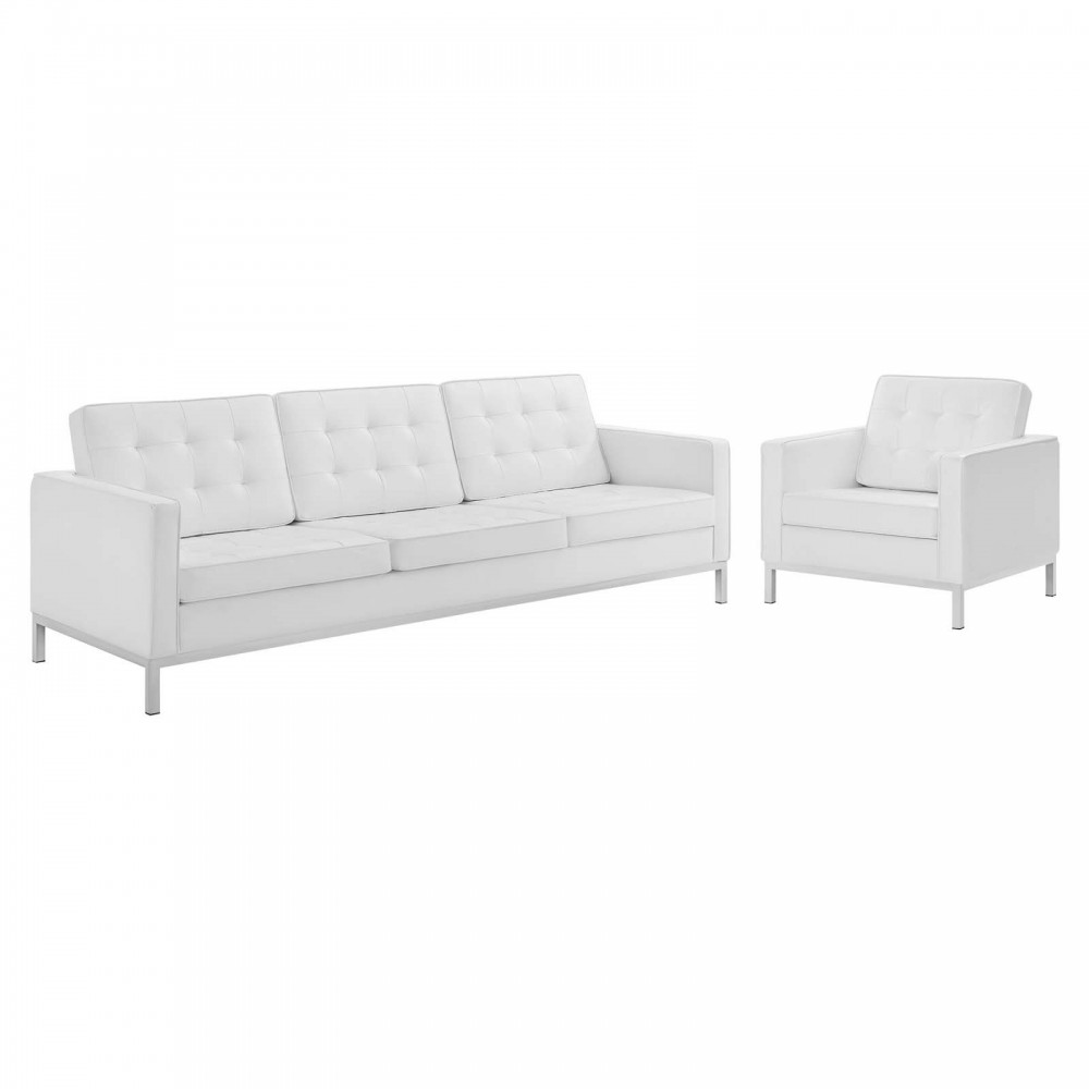 Loft Tufted Upholstered Faux Leather Sofa and Armchair Set