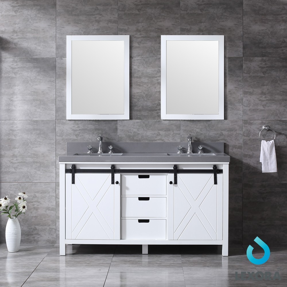 Marsyas 60" White Double Vanity, Grey Quartz Top, White Square Sinks and 24" Mirrors Marsyas 60" White Double Vanity, Grey Quartz Top, White Square Sinks and 24" Mirrors