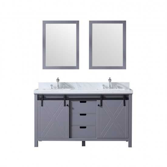 Marsyas 60" Dark Grey Double Vanity, White Carrara Marble Top, White Square Sinks and 24" Mirrors