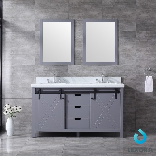 Marsyas 60" Dark Grey Double Vanity, White Carrara Marble Top, White Square Sinks and 24" Mirrors