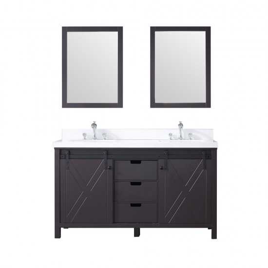 Marsyas 60" Brown Double Vanity, White Quartz Top, White Square Sinks and 24" Mirrors