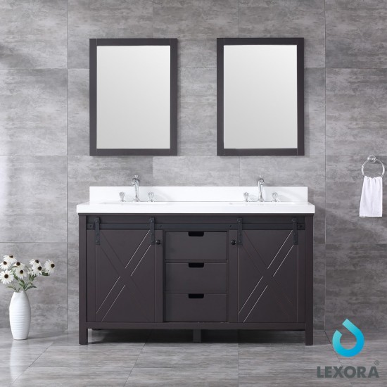 Marsyas 60" Brown Double Vanity, White Quartz Top, White Square Sinks and 24" Mirrors