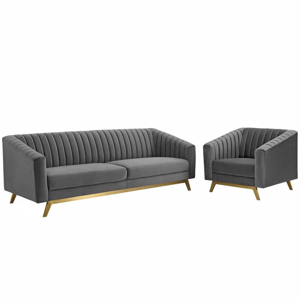 Valiant Vertical Channel Tufted Performance Velvet Sofa and Armchair Set Valiant Vertical Channel Tufted Performance Velvet Sofa and Armchair Set