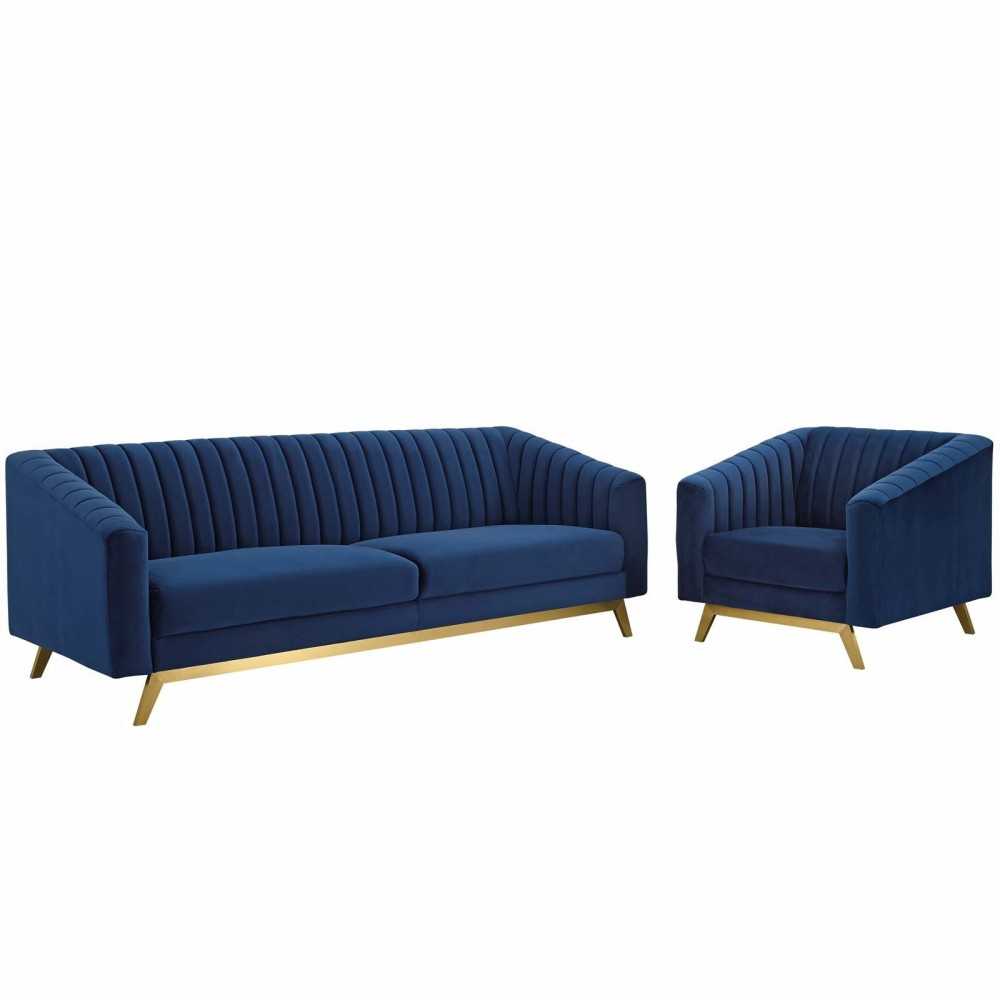 Valiant Vertical Channel Tufted Performance Velvet Sofa and Armchair Set Valiant Vertical Channel Tufted Performance Velvet Sofa and Armchair Set