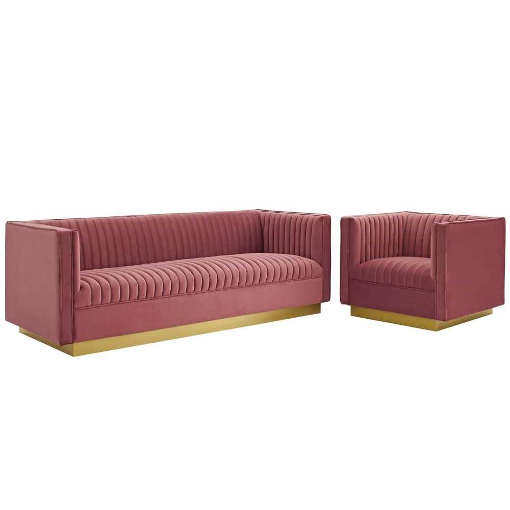 Sanguine Vertical Channel Tufted Upholstered Performance Velvet Sofa and Armchair Set