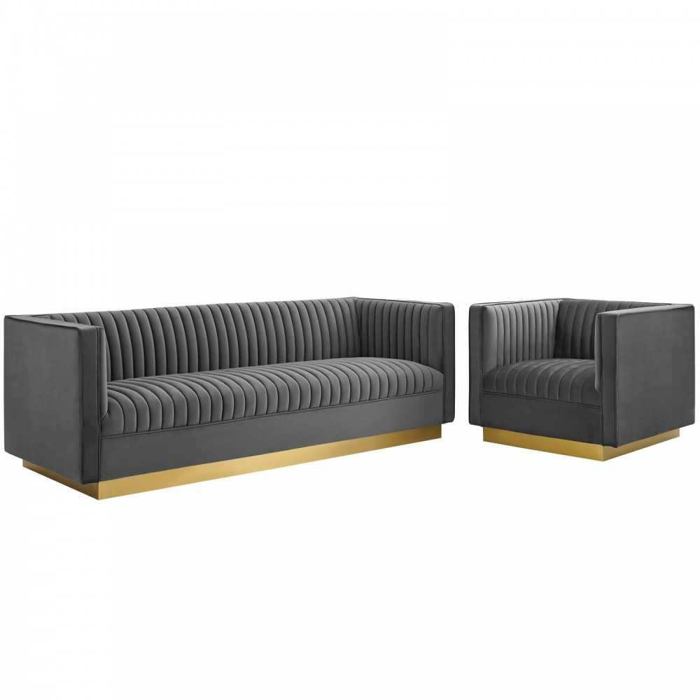 Sanguine Vertical Channel Tufted Upholstered Performance Velvet Sofa and Armchair Set Sanguine Vertical Channel Tufted Upholstered Performance Velvet Sofa and Armchair Set