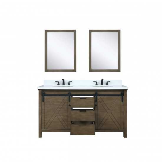 Marsyas 60" Rustic Brown Double Vanity, White Quartz Top, White Square Sinks and 24" Mirrors