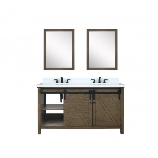 Marsyas 60" Rustic Brown Double Vanity, White Quartz Top, White Square Sinks and 24" Mirrors