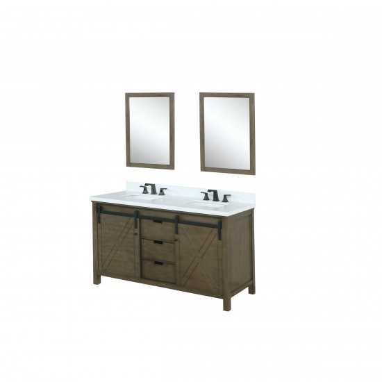 Marsyas 60" Rustic Brown Double Vanity, White Quartz Top, White Square Sinks and 24" Mirrors