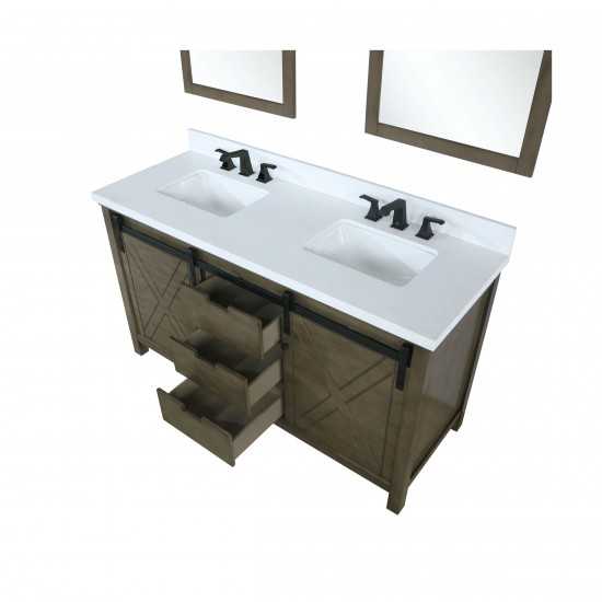 Marsyas 60" Rustic Brown Double Vanity, White Quartz Top, White Square Sinks and 24" Mirrors