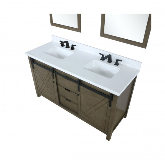 Marsyas 60" Rustic Brown Double Vanity, White Quartz Top, White Square Sinks and 24" Mirrors