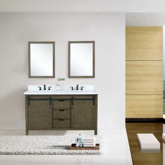 Marsyas 60" Rustic Brown Double Vanity, White Quartz Top, White Square Sinks and 24" Mirrors