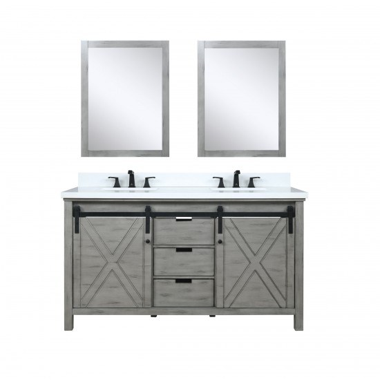 Marsyas 60" Ash Grey Double Vanity, White Quartz Top, White Square Sinks and 24" Mirrors