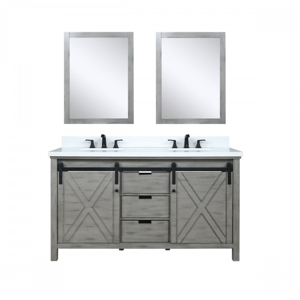 Marsyas 60" Ash Grey Double Vanity, White Quartz Top, White Square Sinks and 24" Mirrors