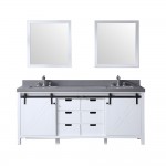 Marsyas 80" White Double Vanity, Grey Quartz Top, White Square Sinks and 30" Mirrors