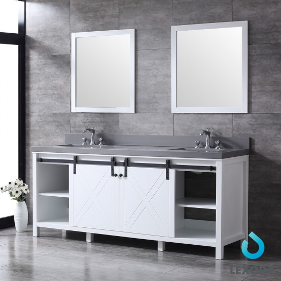 Marsyas 80" White Double Vanity, Grey Quartz Top, White Square Sinks and 30" Mirrors