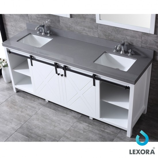 Marsyas 80" White Double Vanity, Grey Quartz Top, White Square Sinks and 30" Mirrors