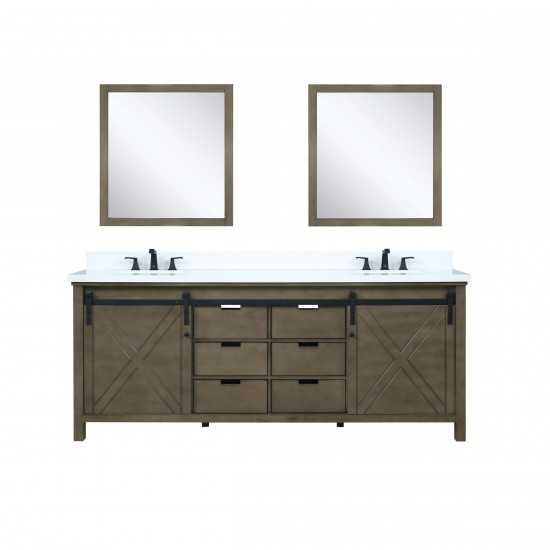 Marsyas 80" Rustic Brown Double Vanity, White Quartz Top, White Square Sinks and 30" Mirrors