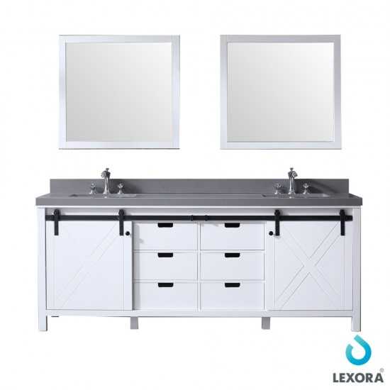 Marsyas 84" White Double Vanity, Grey Quartz Top, White Square Sinks and 34" Mirrors