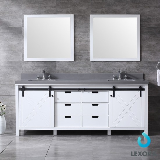 Marsyas 84" White Double Vanity, Grey Quartz Top, White Square Sinks and 34" Mirrors