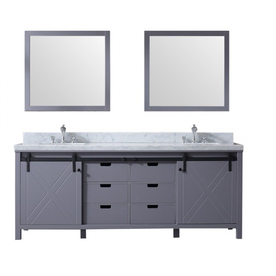 Marsyas 84" Dark Grey Double Vanity, White Carrara Marble Top, White Square Sinks and 34" Mirrors