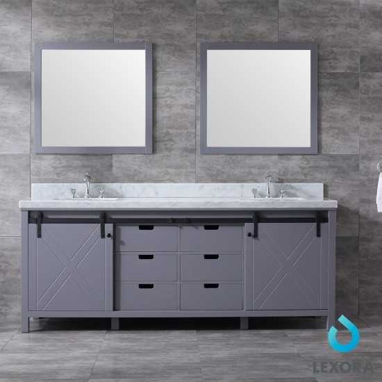 Marsyas 84" Dark Grey Double Vanity, White Carrara Marble Top, White Square Sinks and 34" Mirrors