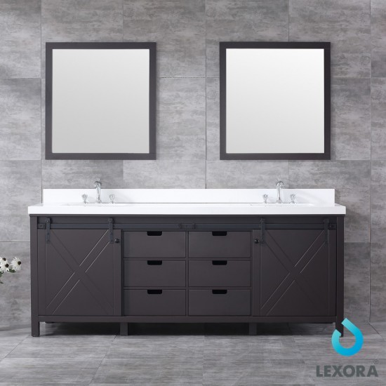 Marsyas 84" Brown Double Vanity, White Quartz Top, White Square Sinks and 34" Mirrors