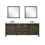 Marsyas 84" Rustic Brown Double Vanity, White Quartz Top, White Square Sinks and 34" Mirrors