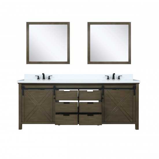 Marsyas 84" Rustic Brown Double Vanity, White Quartz Top, White Square Sinks and 34" Mirrors