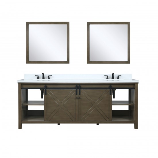 Marsyas 84" Rustic Brown Double Vanity, White Quartz Top, White Square Sinks and 34" Mirrors