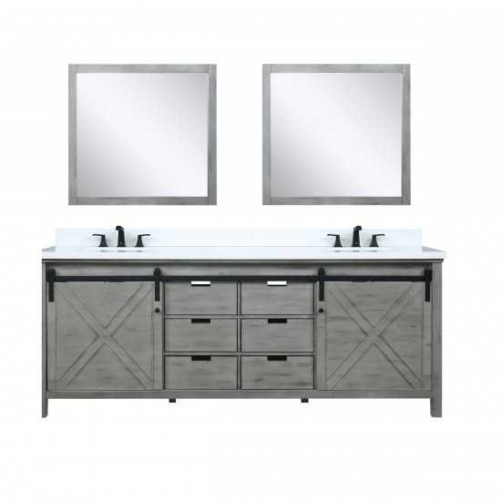 Marsyas 84" Ash Grey Double Vanity, White Quartz Top, White Square Sinks and 34" Mirrors